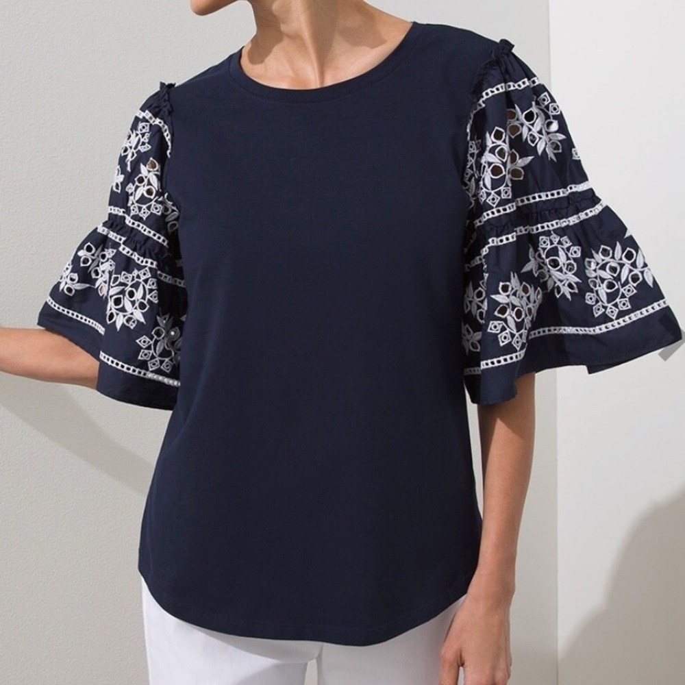 Chico’s Navy Blue & White Embroidered Eyelet Tier Sleeve Tee Size Medium